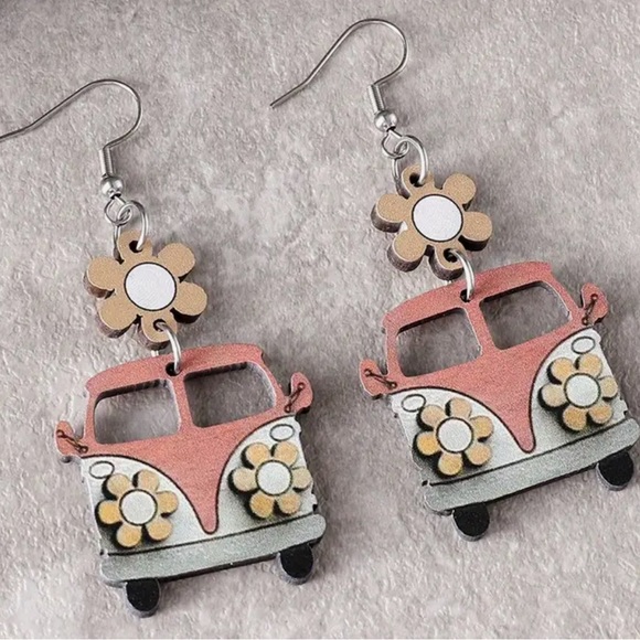 NEW Vintage Wooden VW Van & Flower Dangle Earrings - Picture 3 of 4